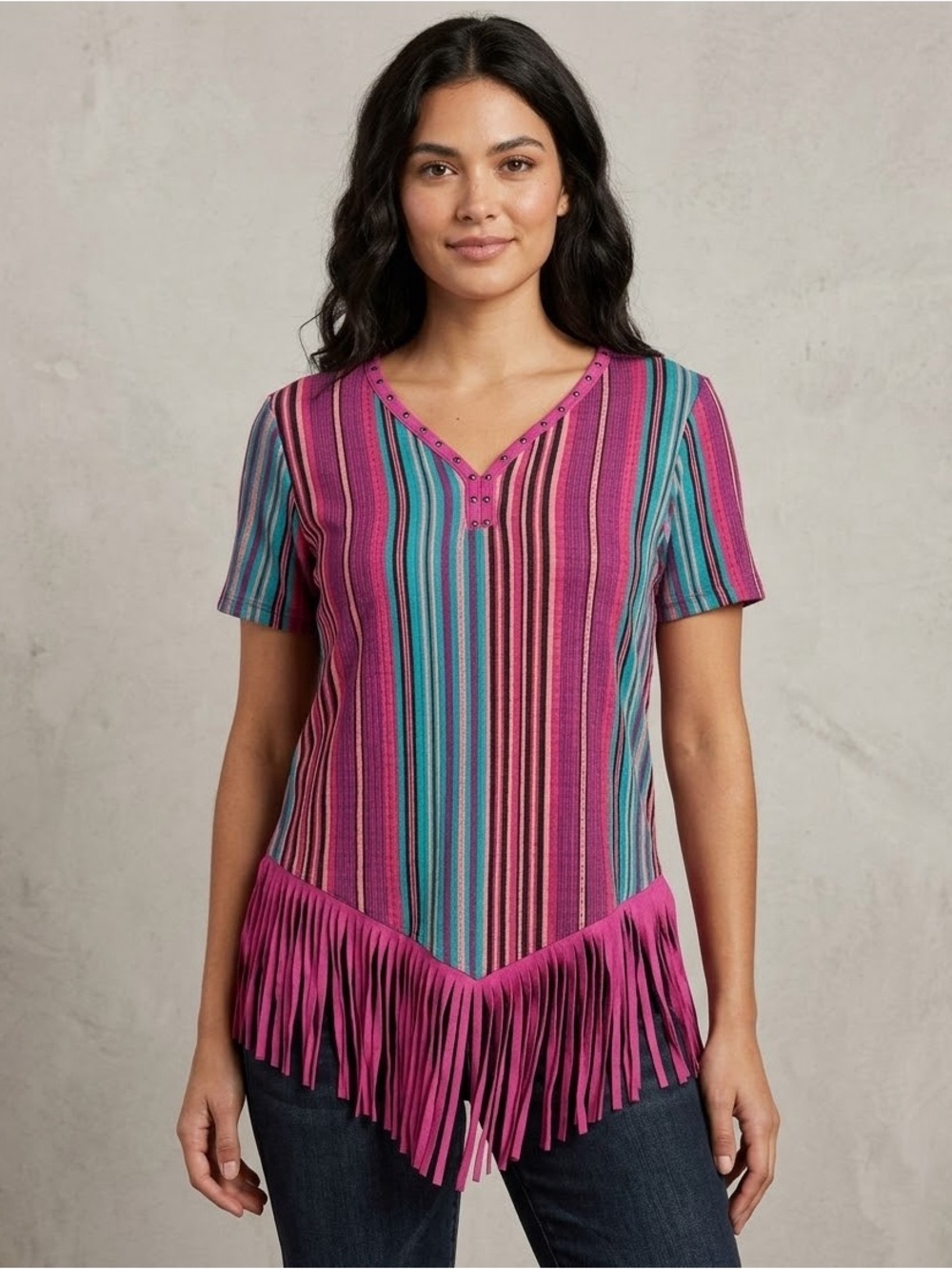 Crazy Train Multicolor Striped Fringe V-Neck Top (Pink, Teal, Purple) Medium